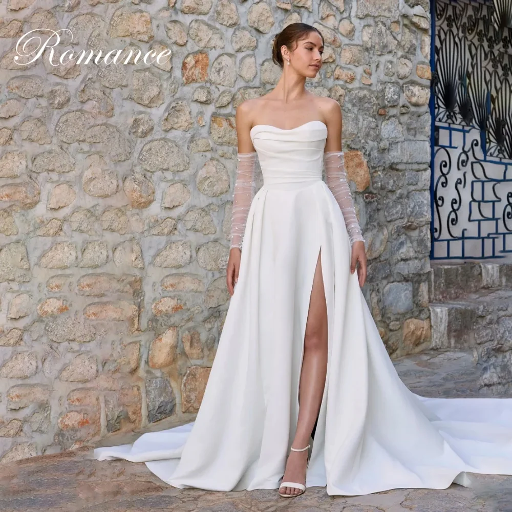 

Modern Sweetheart Pleat A-Line Wedding Dress Long Sleeve High Side Slit Open Back Satin Buttons Vestidos De Novia Customized