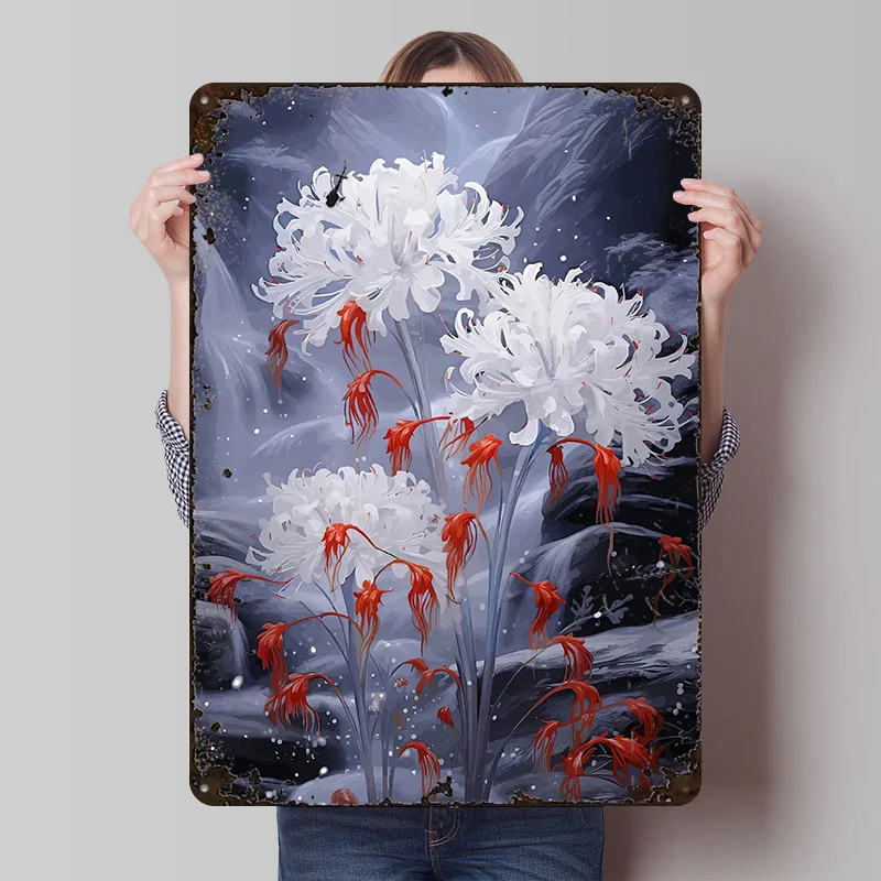 Gotisches Higanbana-Spinnenlilien-Metallposter, personalisierte Wandkunst, Retro-Vintage-Metallschilder für die Dekoration von Gamer-Zimmern zu Hause