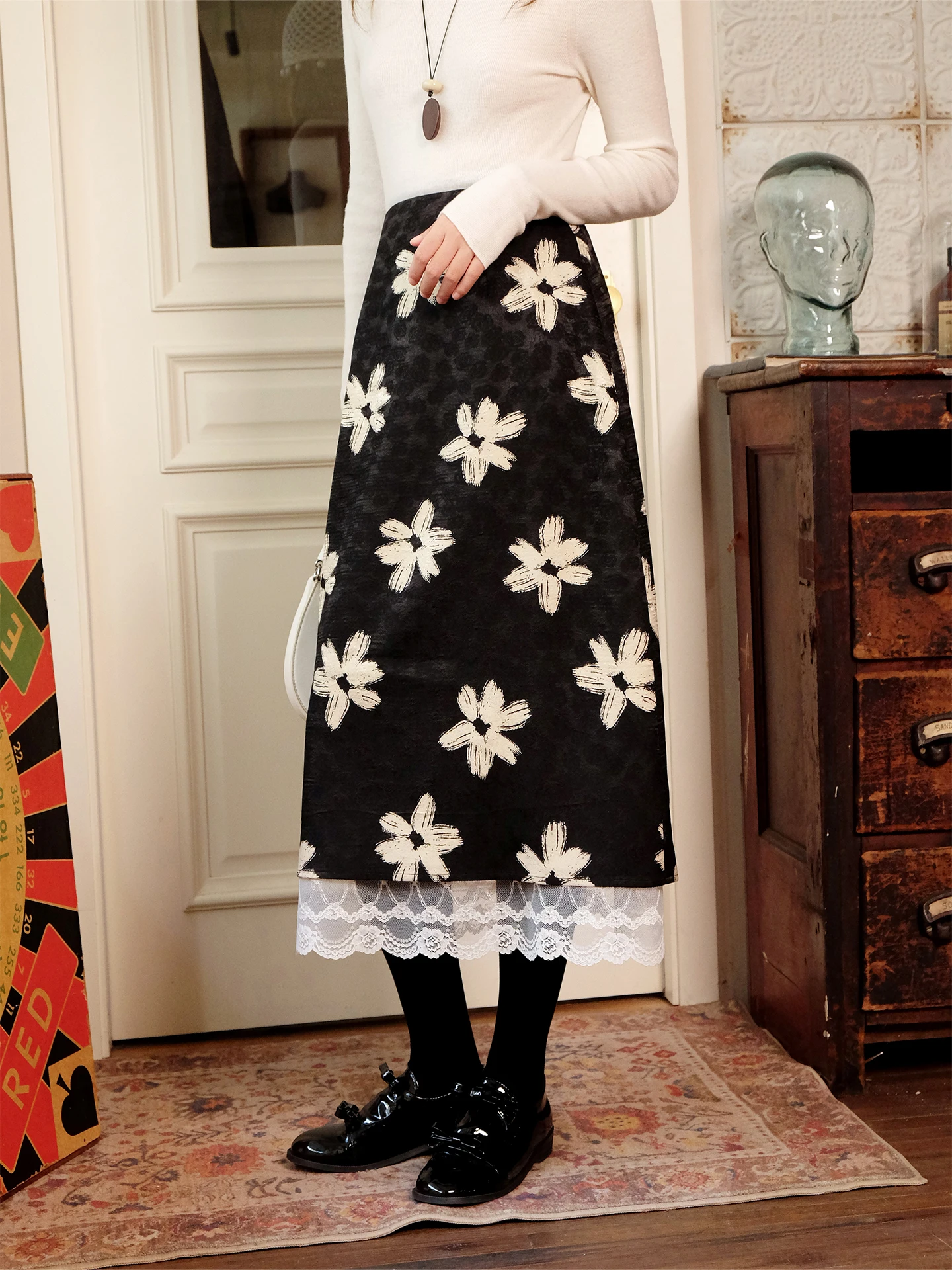 

Юбка А-силуэта с кружевным принтом и вставками для женщин, весна 2026, новая коллекция, высокая талия, полиэстер, застежка-молния