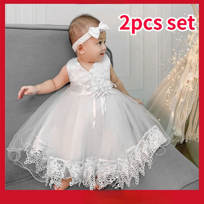 Newborn White Dress for Baby Girl Clothes 0 12 Months Infant Christening Dress+Headband Toddler Birthday Wedding Party Outfit