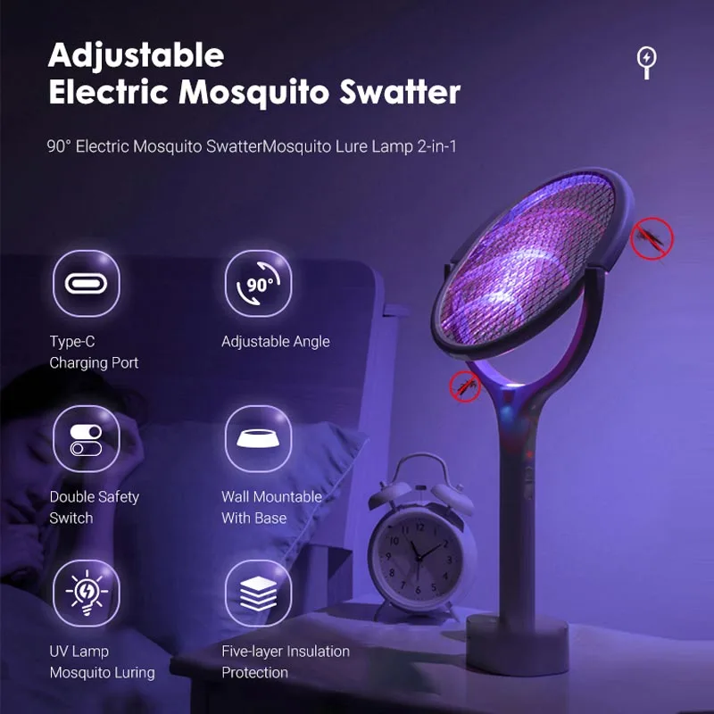 5-in-1 طوي قاتل الماموس الكهربائي القاتل منشة فخ USB قابلة للشحن البعوض مضرب مبيد حشري مع الأشعة فوق البنفسجية ضوء علة صاعق #5