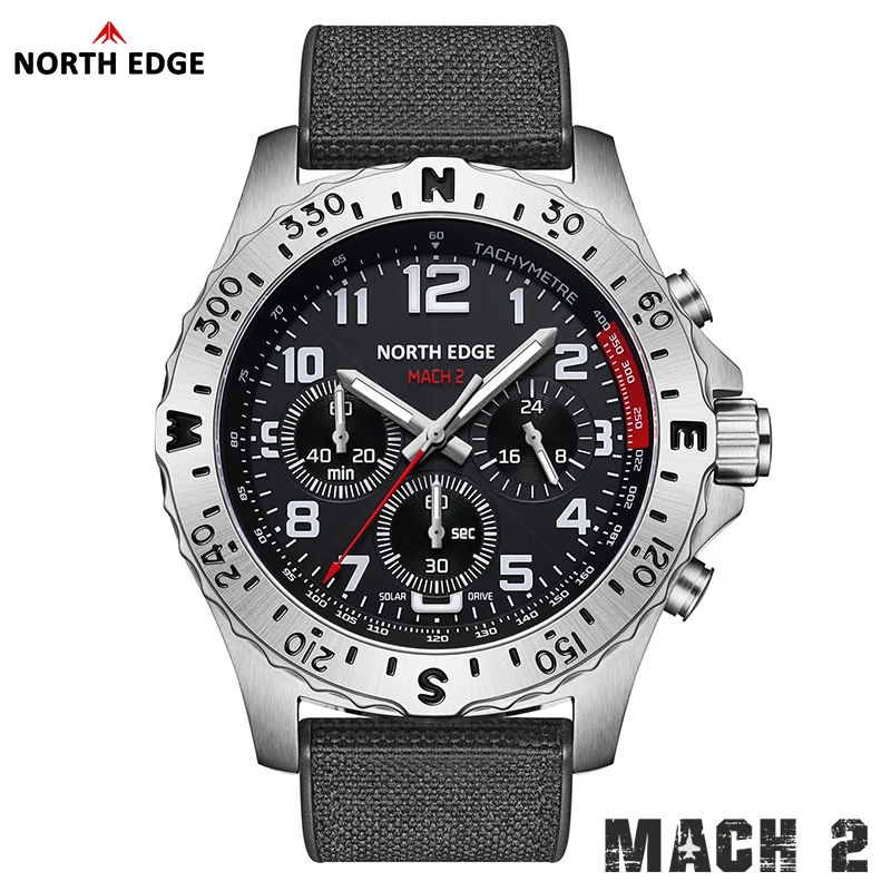 Orologio da Uomo NORTH EDGE MACH 2, Alimentazione Solare, Cassa in Acciaio Inox 316, Orologio al Quarzo, Impermeabile 50M, Autonomia 180+ Giorni