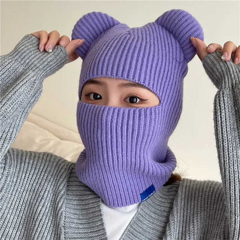 New Warm Winter Women Hat Cute Bear Ears Balaclava Scarf  display picture 3