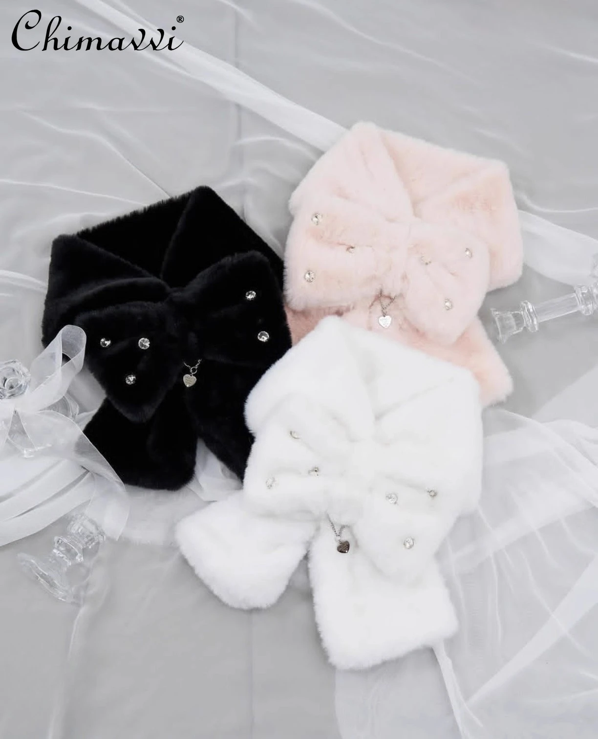 

Японский мягкий шарф с бантом для милых девочек, осенне-зимние новые кавайные женские теплые шарфы для шеи Y2k с тяжелыми украшениями