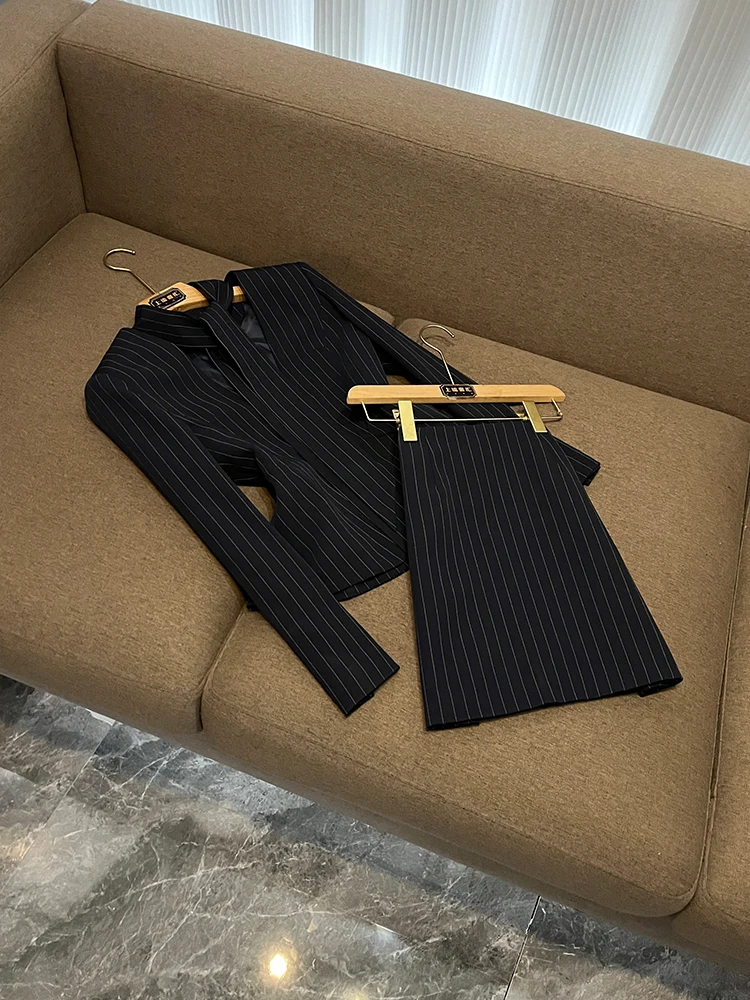 

Осенняя коллекция Ele Striped Slim Fit V-Ne Suit Jaet And Skirt Set Commute Sle Women's Faion Thin Long Sve