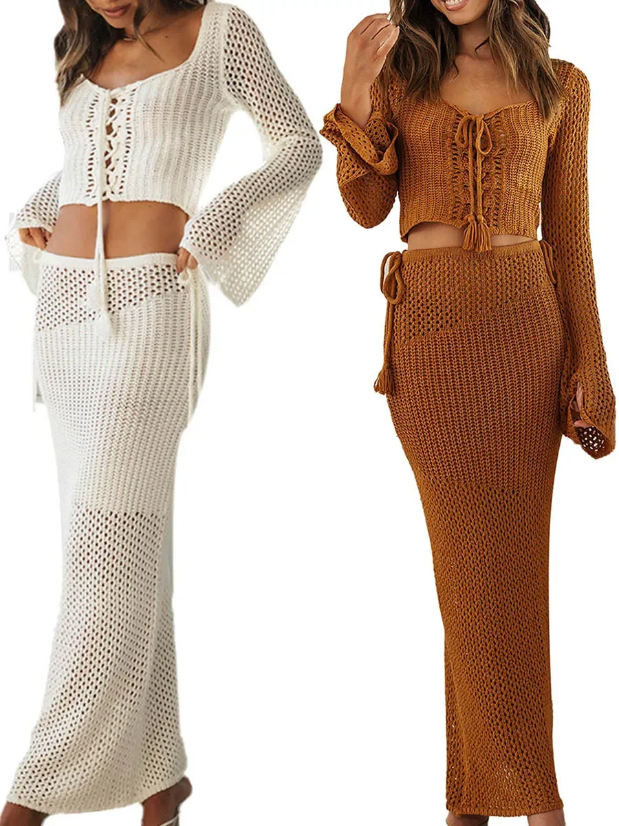 Sexy Womens 2 PCS Summer Outfits Beach Cover-Ups Long Sleeve Cross Tie-up Front Knit Crop Tops Long Skirt Set Beachwear