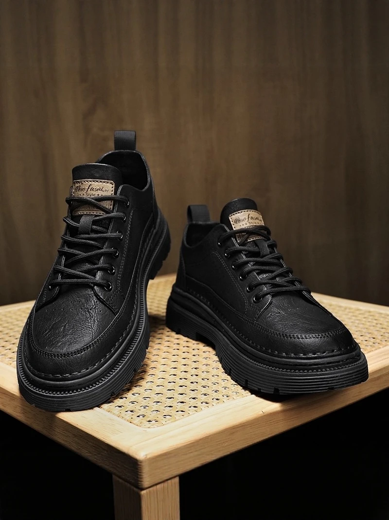 

Men's Black Leather Low-Top Boots Casual Shoes Business Formal Commuter Flats Spring Autumn Seasonal Wear Resistant