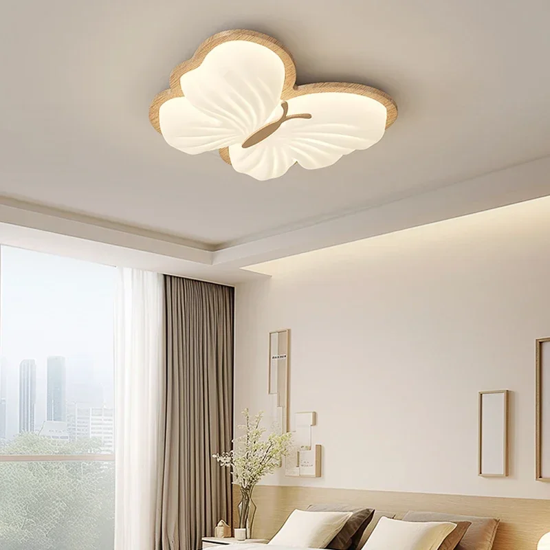 TechHPLiving Room Children's Room Butterfly Led Chandelier Wood Ceiling Lamp Minimalist Warm Nursery