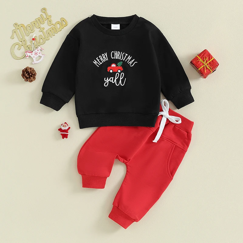 Toddler Baby Boy Christmas Outfits Embroidery Long Sleeve Sweatshirt Elastic Pants Fall Winter Clothes