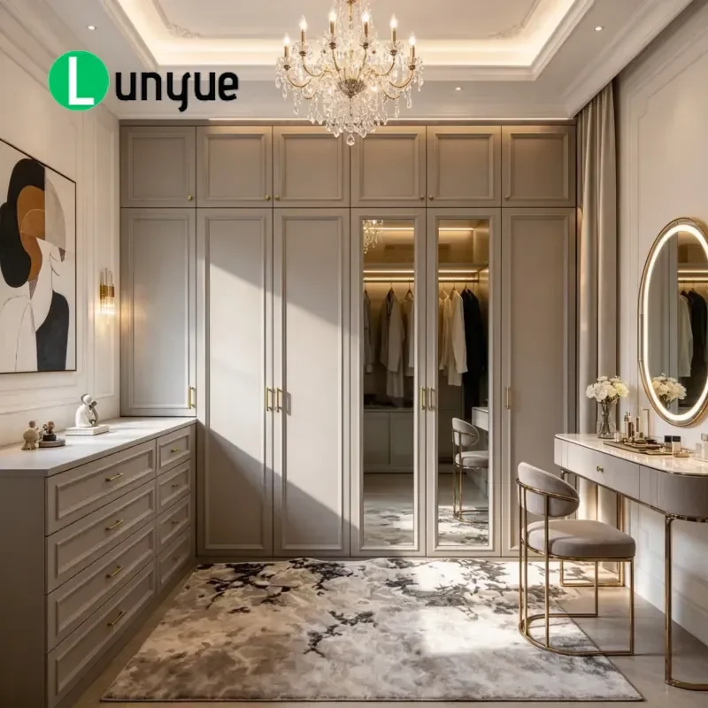 Modern Wooden Wardrobe with Mirrored Doors LED Lighting Hinged Adjustable Storage 3 Drawers 3 Shelves for Bedroom Hotel