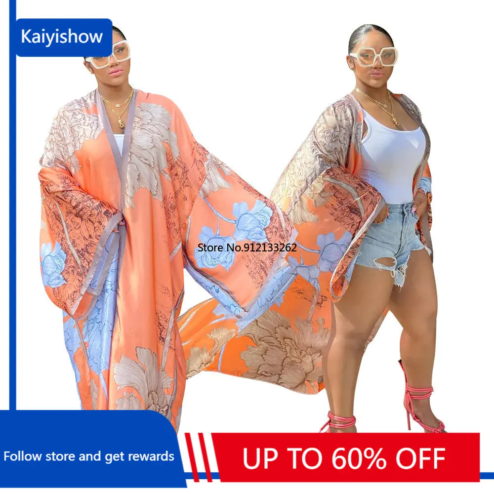 

Europe Fashion 2023 Summer New Casual Print Patchwork Cardigan Plus Size Silk Collar Sexy lady Swimwear Outerwear Kimonos