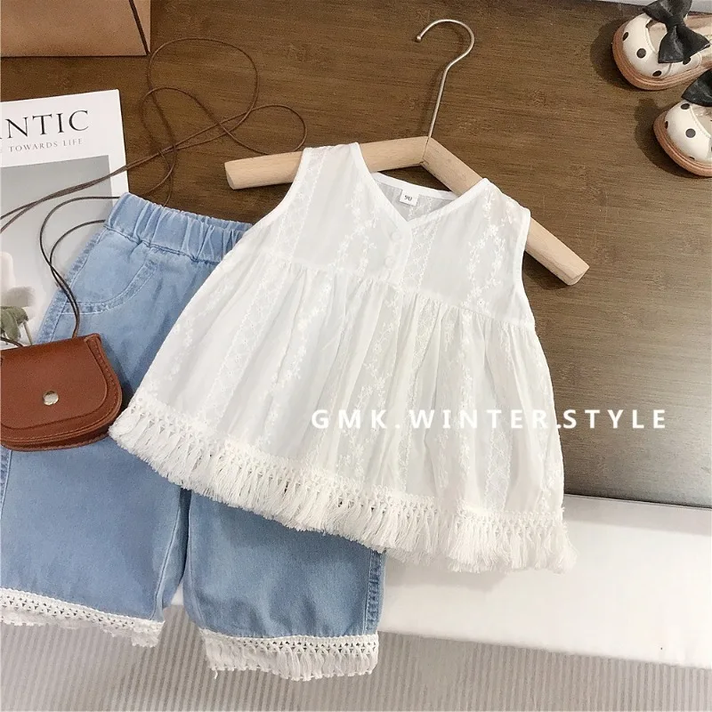 Girls Summer Outfit New Children Stylish Vest Doll Shirt Jeans Two Piece Set Baby Korean Foreign