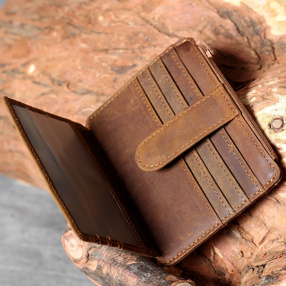 S.WORKER Handgefertigter Vintage-Kartenhalter aus echtem Leder, Vollnarbiges Rindsleder, Kleine Münztasche, Tragbare Tasche – Detail 10