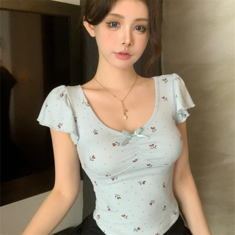 Floral Print Short Sleeve T-Shirt with Chest Pad Slimming Design Beautiful Back  Knot Cute Style Summer Fashion Wome...