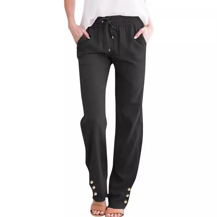 

Casual Wide Leg Cotton Linen Drawstring Women's Pants Spring Summer Color Loose Fit Button Detailing Natural Waist