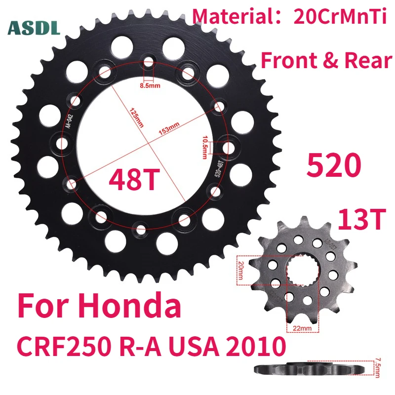 520 Chain 48T 13T Teeth Motorcycle Front and Rear Sprockets for Honda CRF250 R-A USA 2010 CRF 250 Carburized Steel Gear Wheel