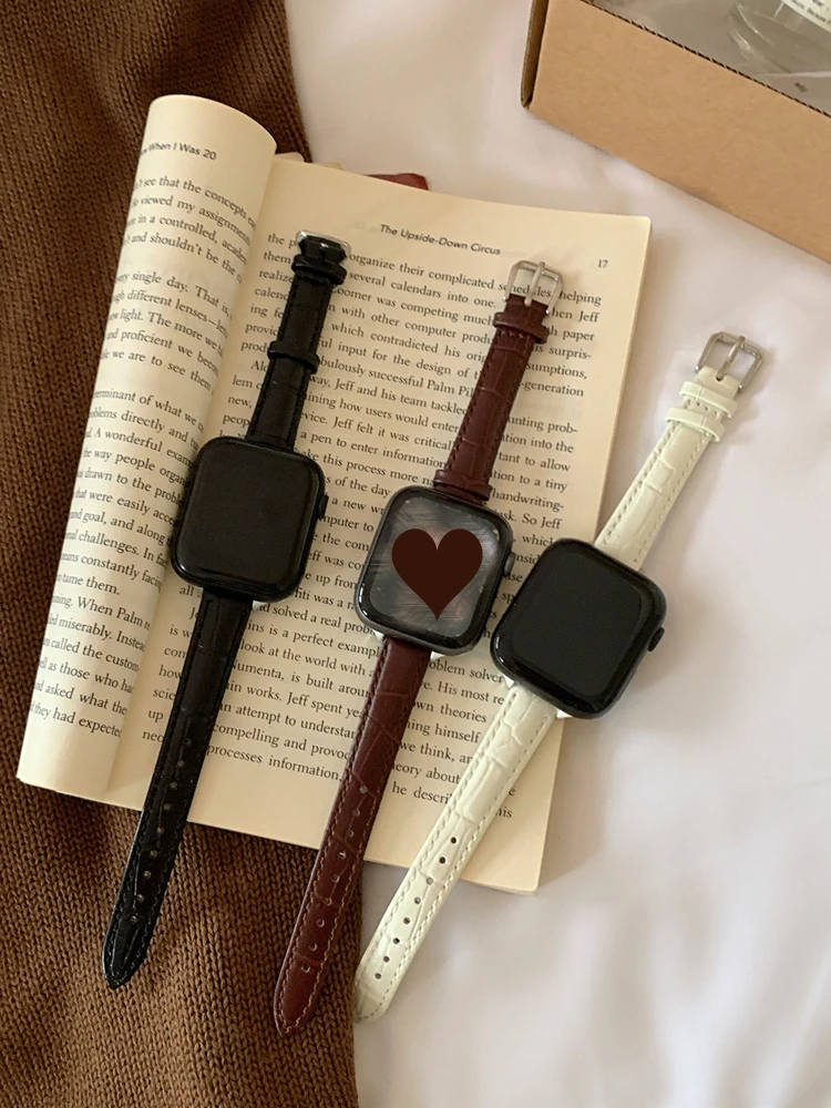 Retro Korean INS Slim PU Leather Strap For Apple Watch Series 8 7 6 SE 5 4 Women Light Thin Band For iwatch 41mm 40 44mm 45mm 49