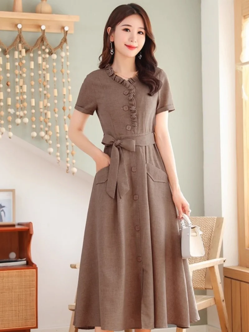 Длинное стильное элитное простое платье из хлопка и льна на лето 2023 года, новая коллекция, утягивающее темпераментное платье с короткими рукавами W353