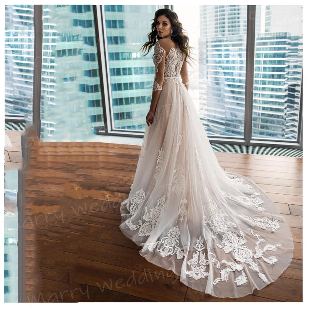 Fascinantes vestidos de noiva linha A para mulheres, vestidos de noiva com apliques de renda, manga três quartos, luxuoso e suave