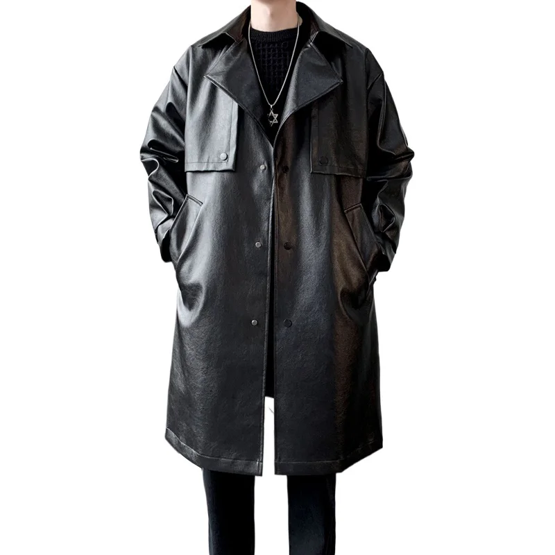 

Кожаный плащ, мужской средний длинный модный винтажный свободный повседневный кожаный плащ, куртка, верхняя одежда, корейское уличное пальто
