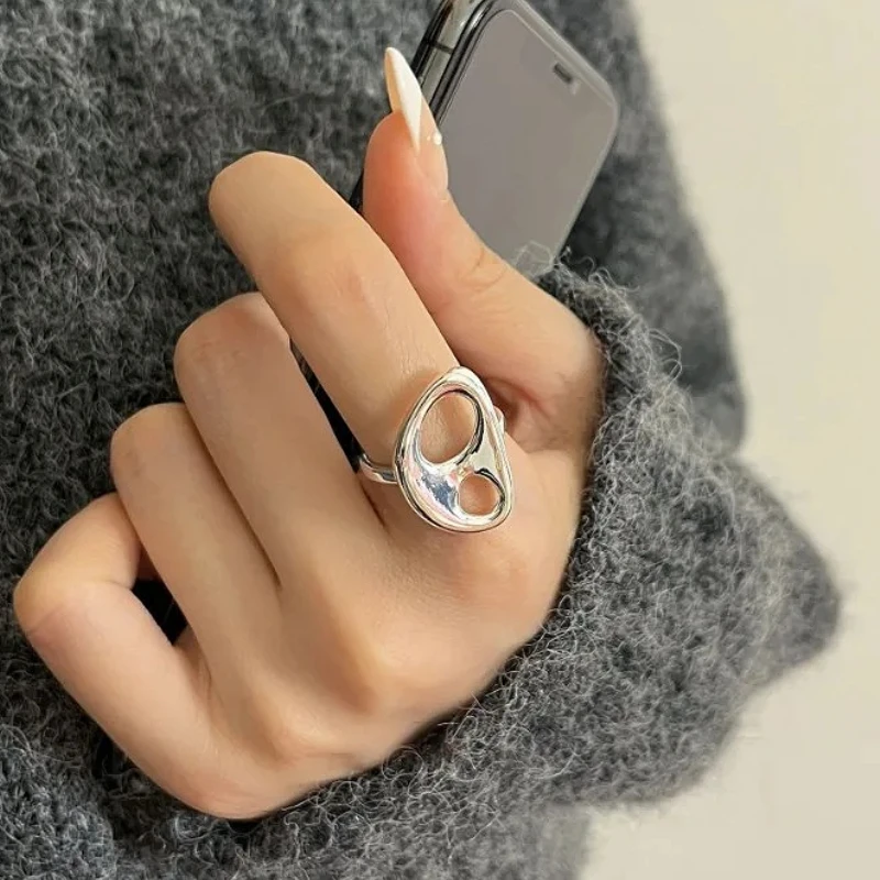 

925 Sterling Silver Geometric Charming Hollow Round Irregular Triangle Ring for Women Fine Jewelry Minimalist Accessories