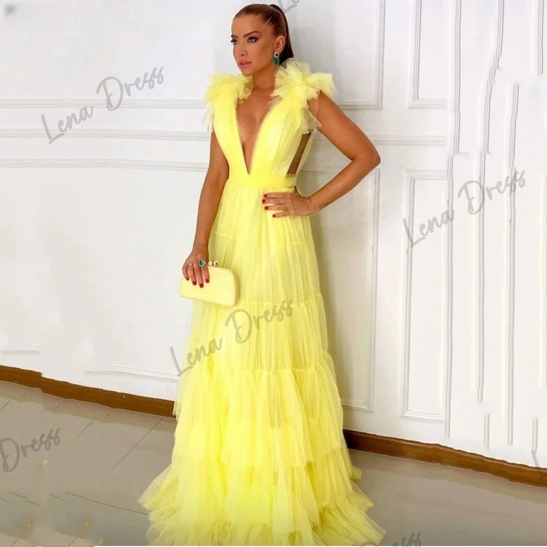 Lena-Deep V-neck Prom Dress 2024 Elegant Yellow Evening Dress Women's Elegant A-shaped Formal Occasion Evening Party Dress