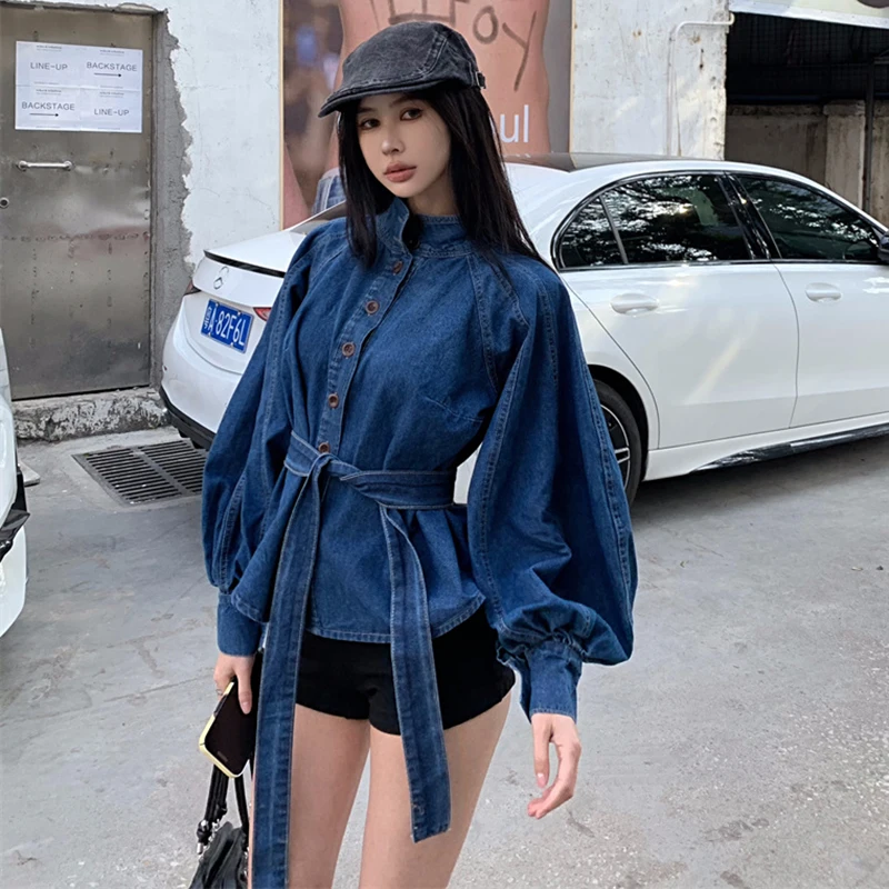 Vintage Jeans Jacket Women Single-Breasted Buttons Denim Coat Lantern Sleeve Overcoat Trendy
