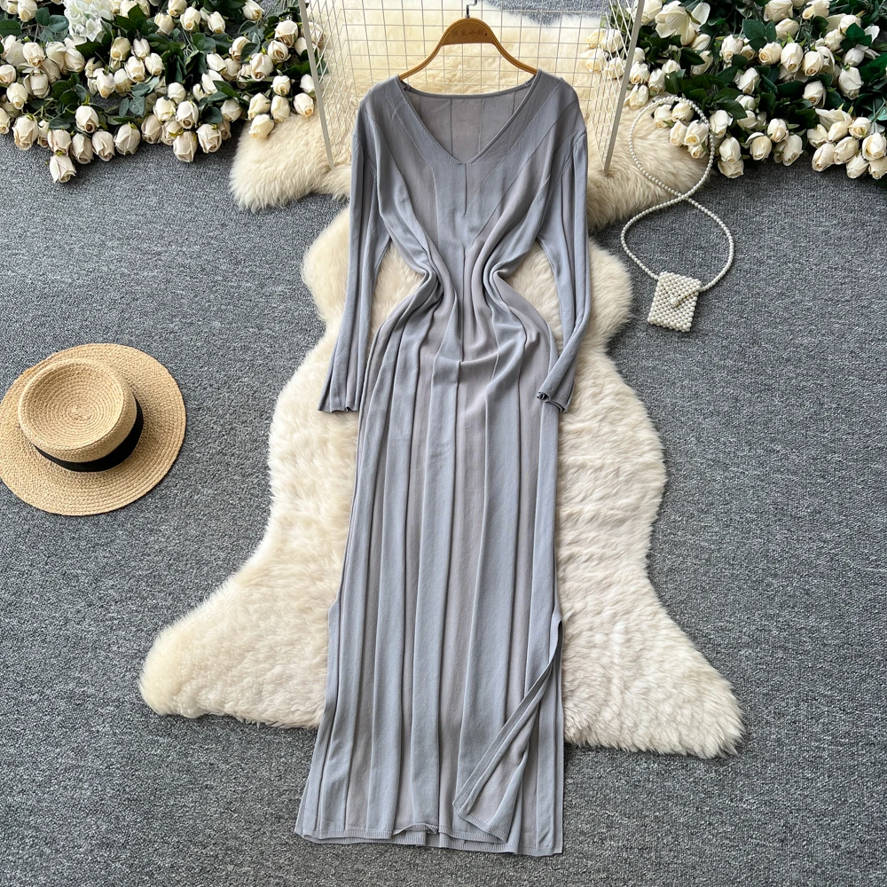 

Шикарное винтажное вязаное платье-карандаш с разрезом, элегантная сказочная корейская модная осенняя вечерняя женская одежда