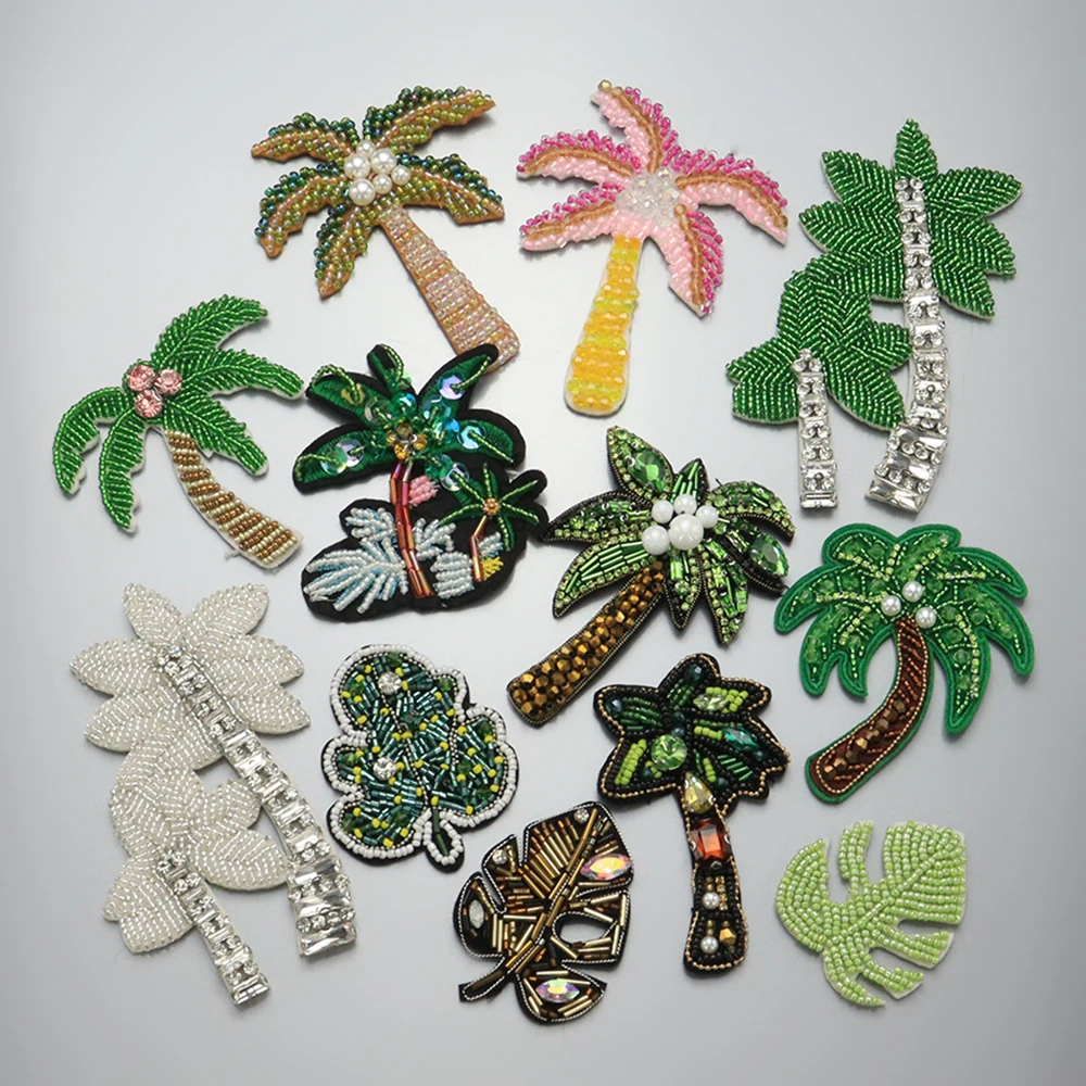 Parches hechos a mano con cuentas 3D, plantas, cocoteros, flores, flores brillantes, Parche de cristal para coser para ropa, aplique lindo