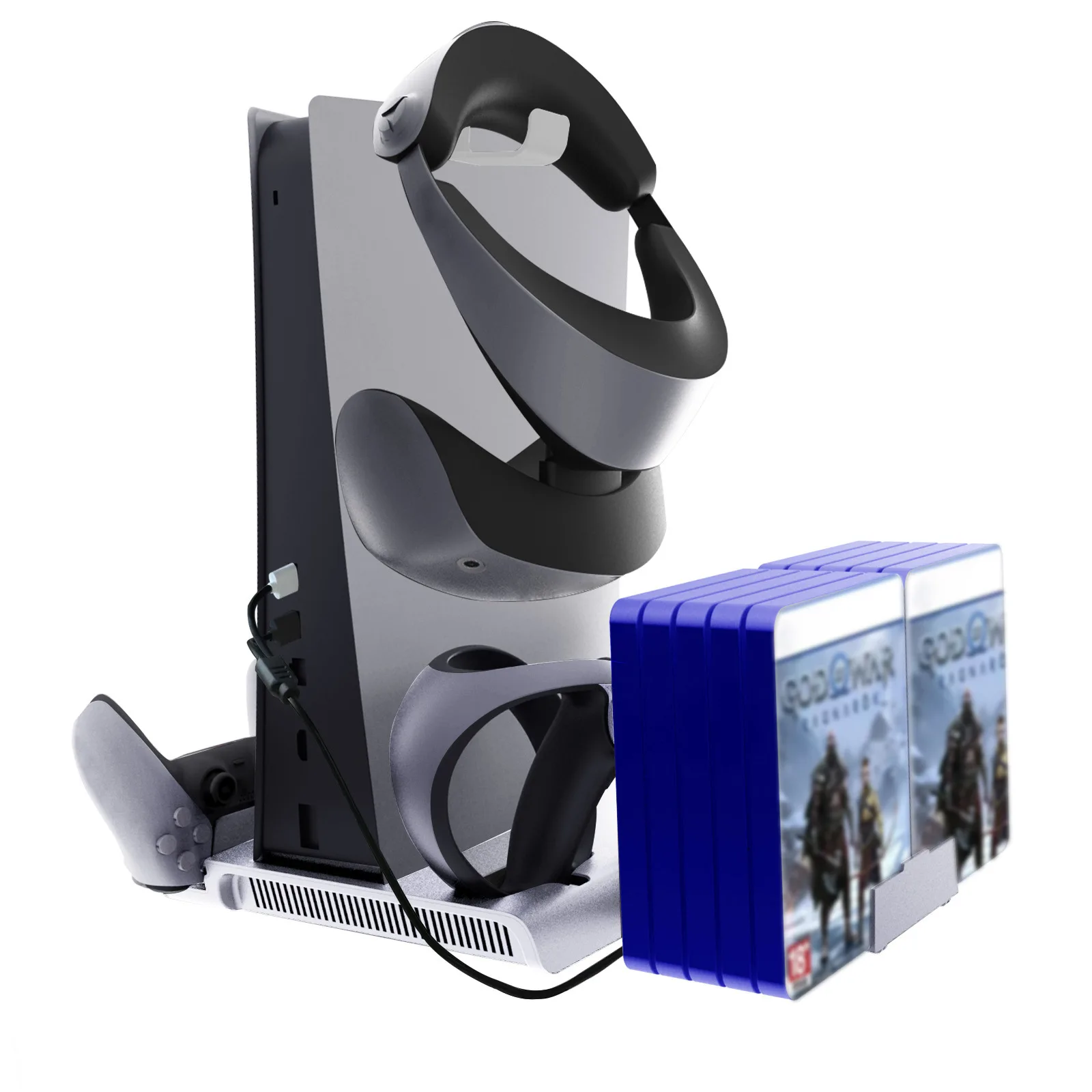 Handle Seat Charging with Disc Storage Helmet Headphone Holder, Game Accessory Console Cooling Base for PS VR2/PS5 Controller