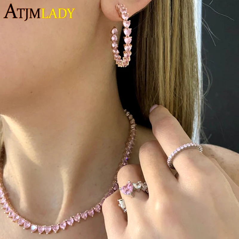 Wholesale 5A Heart Shaped Iced Out Bling Pink White CZ Tennis Chain Necklace for Women Girlfriend Valentine\'s Fashion Jewelry