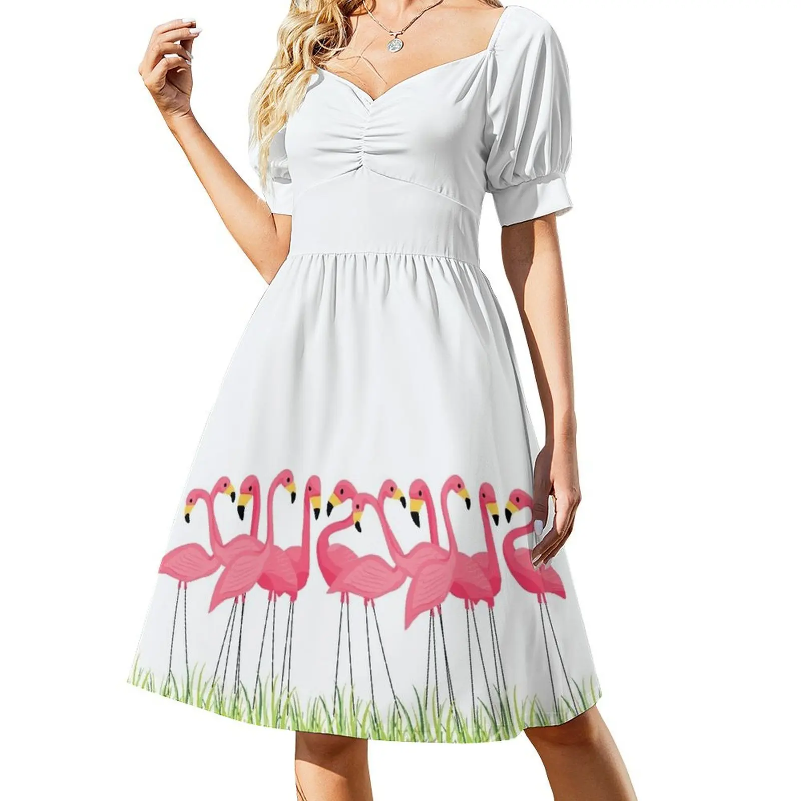 Pink Flamingos Illustration Short Sleeved Dress Clothing female dress summer Dress