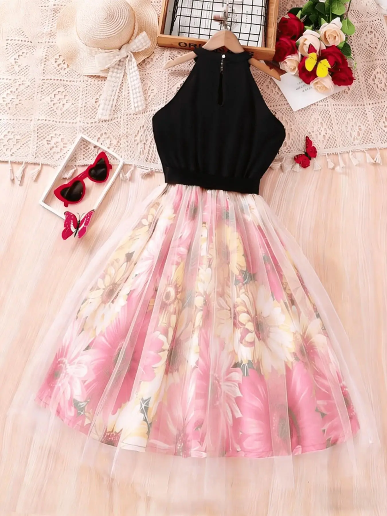 Girls Boho Romantic Style Halter Neck Dress Sleeveless Bodice Floral Print Tulle Skirt Perfect for Summer Beach Holidays