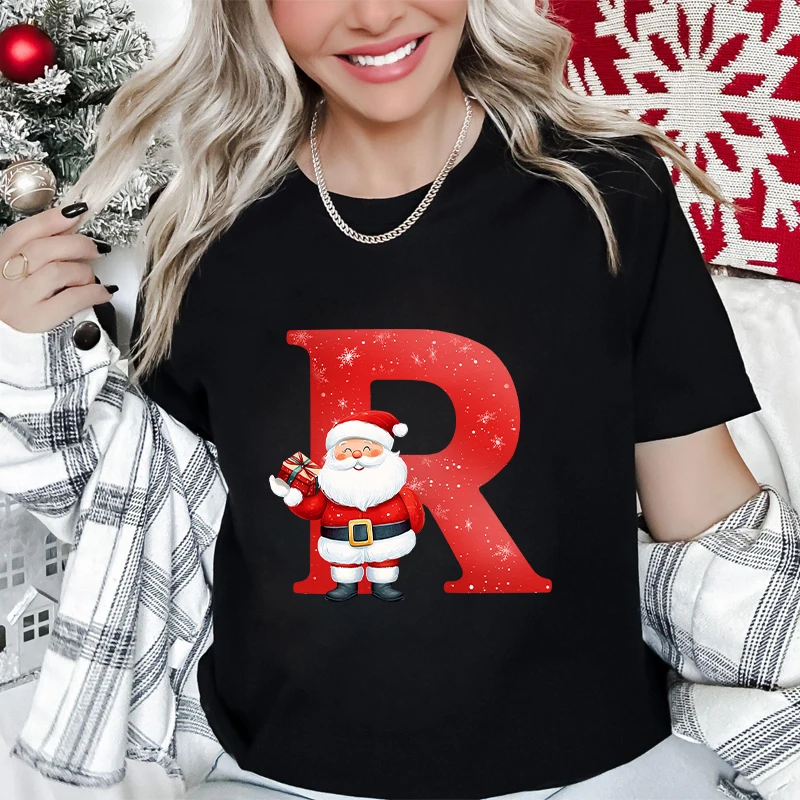

Женская футболка с рождественским алфавитом A-Z, повседневная праздничная футболка с короткими рукавами и графическим принтом, праздничный топ с принтом Санта-Клауса для женщин