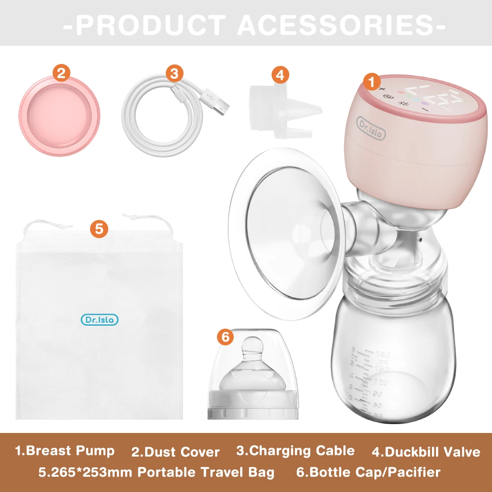 Dr.isla Portable Electric Breast Pump with Night light Milk Puller for Breastfeeding Low Noise with 180ml Milk Bottle BPA-Free