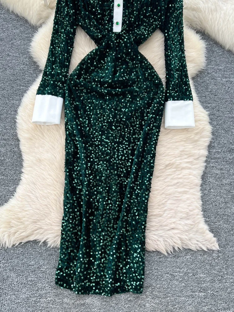 Ele High-End Women's Long Sve Dr with Stand Collar Slimming iny Sequins Bodycon Skirt Polyester Fiber High Waist