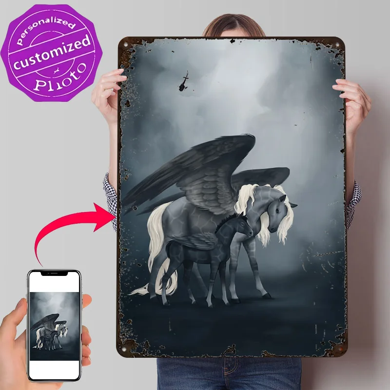 Dark Pegasus Mare and Foal Personalized 3D Textured Metal Poster Wall Art Tinplate Sign for Luxury Decoration Home Decorations