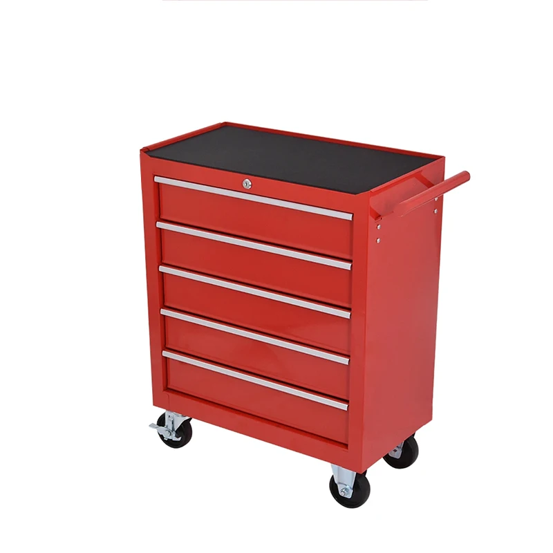 Carro de caja de herramientas rojo con cerradura, gabinete mental con rodillo de 5 cajones, carrito de jardín para garaje, 