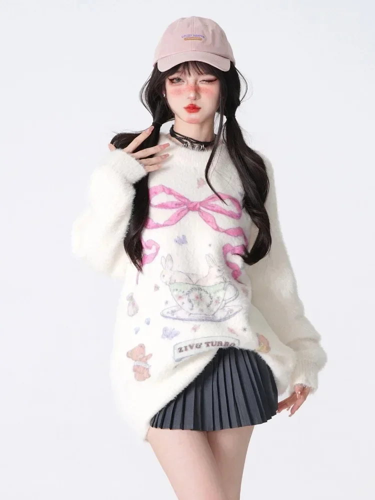 ADAgirl Kawaii Rabbit Graphic Sweater Women O-neck Bunny Print Pullovers Japanese Cutecore Youthful Funny Bear Christmas Clothes