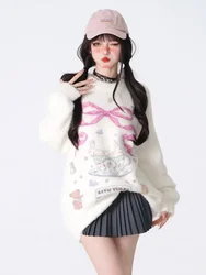 ADAgirl-suéter Kawaii con estampado de conejo para mujer, jerseys con cuello redondo, ropa de Navidad con oso divertido, Cutecore japonés