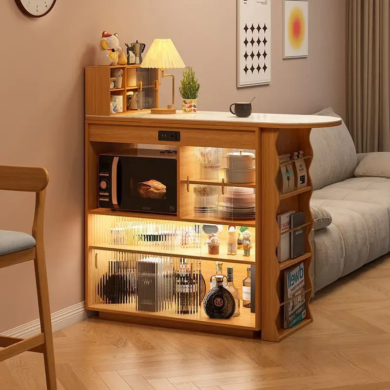 

Bar counter, dining side cabinet, integrated solid wood Japanese-style small apartment, telescopic folding dining table, narrow
