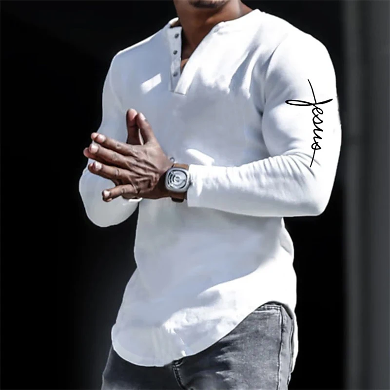 Wiosenne koszulki Henley Jezus Chrystus Krzyż 3D Print Streetwear Męska koszulka z długim rękawem Vintage Button-Down Męskie koszulki Topy Odzież
