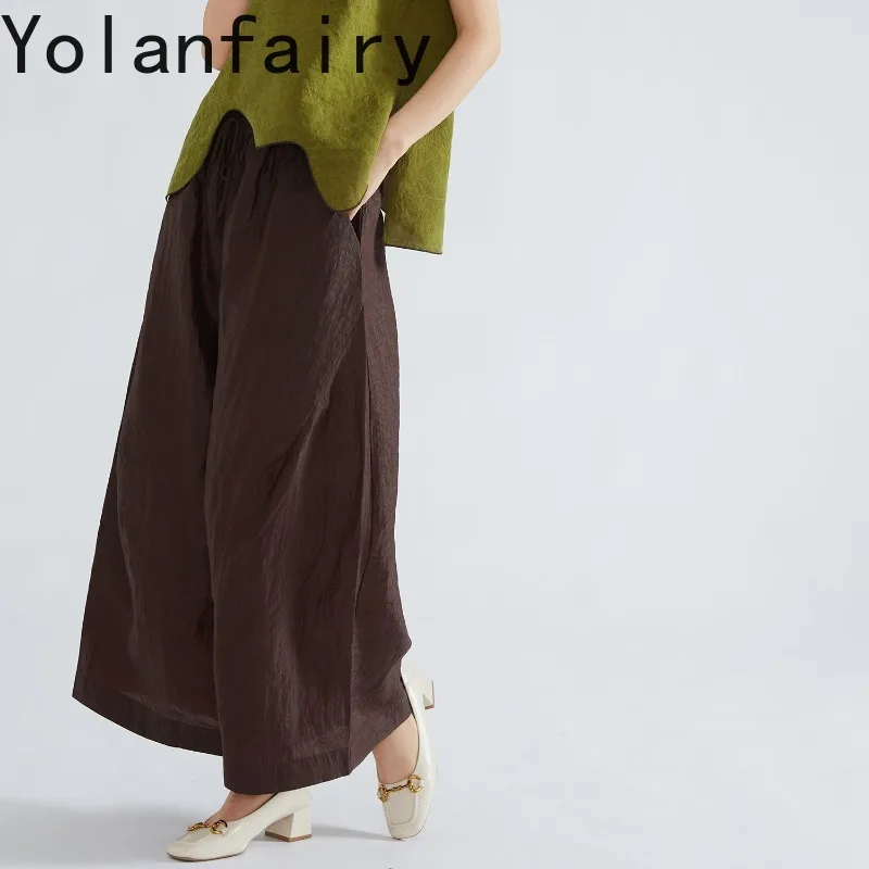 YOLANFAIRY Summer Red Watered Gauze Trousers Women 100% Natural Mulberry Silk Pants Woman Pleated Texture Wide Leg Pants Casual