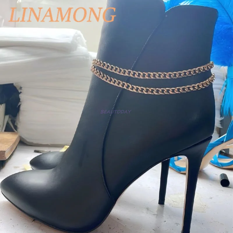 

Chain Fashion Boots Black Minimalist Style Pointed Slim High-Heeled Side Zipper Design Temperament Slim High-Heeled Short Boots