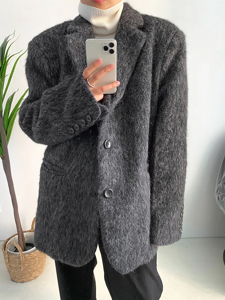 [EAM] Loose Fit Gray Big Size Casual Elegant Woolen Coat Parkas New Long Sleeve Women Fashion Tide Autumn Winter 2024 1DF3710