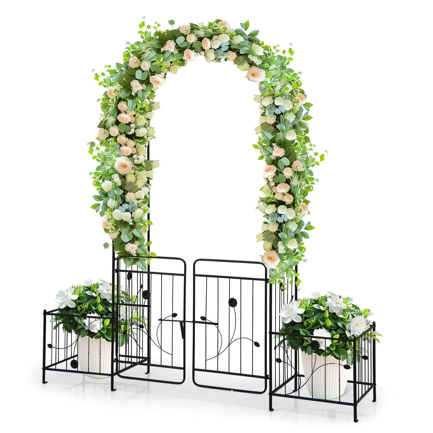 

87" Metal Garden Arbor Lockable Gate 2 Planters Climbing Plants Vines Roses Heavy Duty Outdoor Wedding Decoration, Customized