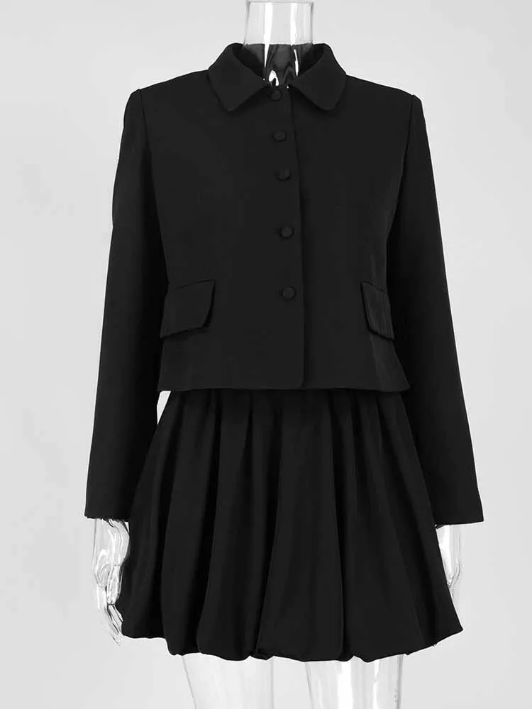 Mcdv moda jaqueta mini saias conjunto feminino manga longa único breasted blazer casaco + saia plissada bud senhora rua commute outfit