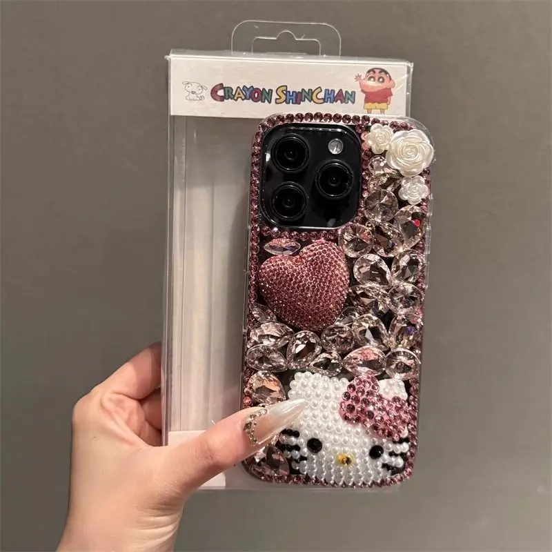 

Pink Cartoon Rhinestone Hello Kitty Phone Case for iPhone 16 Pro Max 15 Pro 14 Plus 13 12 11Full Coverage Phone Protective Cover