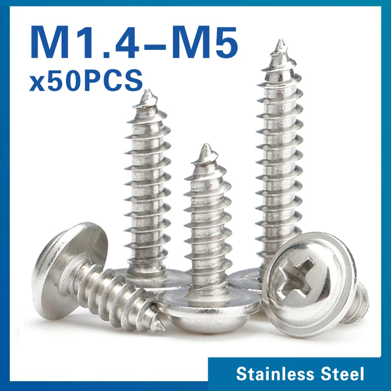 50pcs/lot  M1.4 M1.7 M2 M2.6 M3 M3.5 M4 M5 304 Stainless Steel Cross PWA Phillips Pan Round Head With Washer Self-tapping Screw