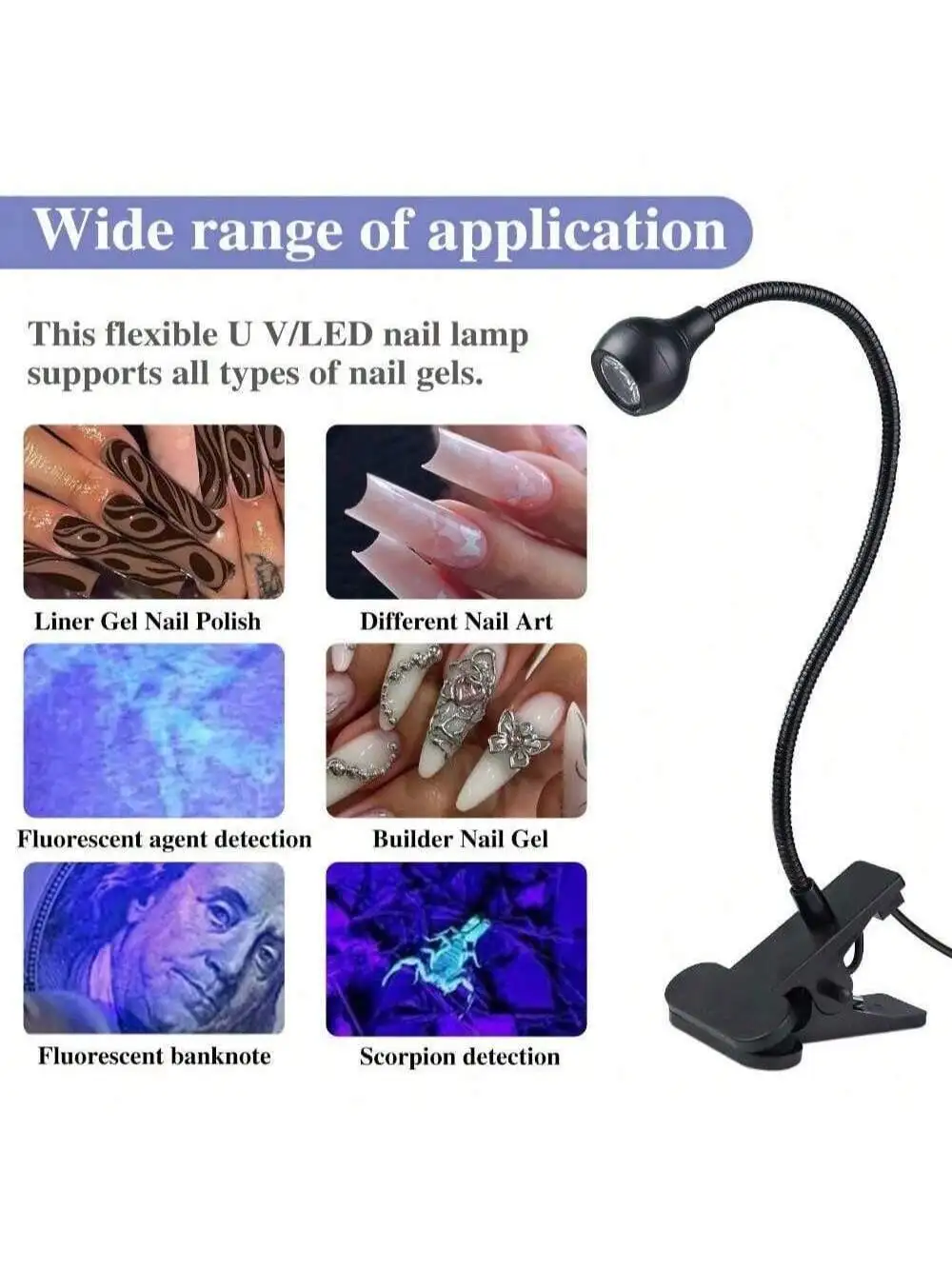 قطعة واحدة من مصباح مانيكير صغير، مع مشبك، قابل للانحناء، مرن للغاية، يعمل بمنفذ USB، بدء تشغيل من قطعة واحدة